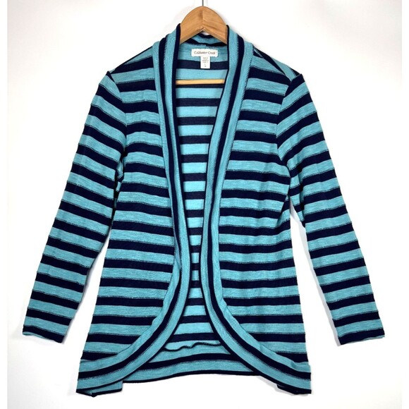 Coldwater Creek Cardigan Womens Large Blue Teal Stripe Open Front Knit USA Made - Picture 1 of 13